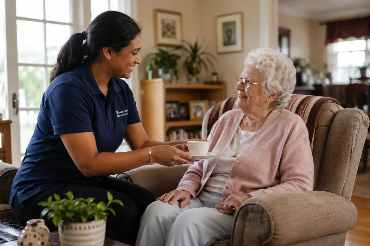 When Is It Time to Consider Home Support Services for a Loved One? 2 Senior receiving home support services from a caregiver in a comfortable home setting