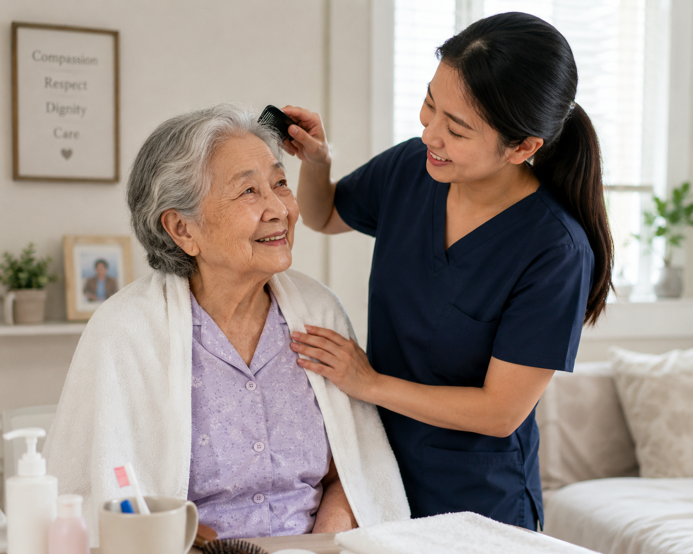 Caregiver helping a senior with daily personal care routines at home 1 Caregiver helping a senior with daily personal care routines at home